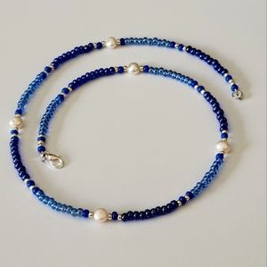 Freshwater Pearl and Blue Luster Seed Bead with Silver Beaded Necklace, Necklace